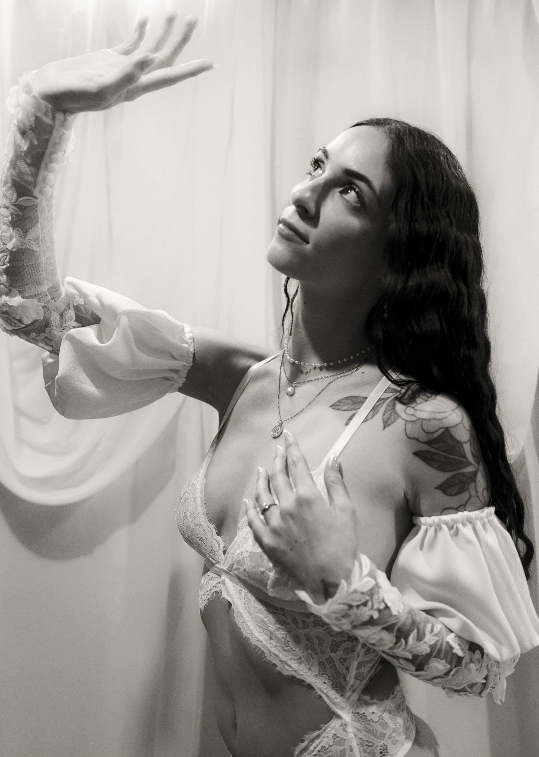 Black and white portrait of a woman during an expressive embodiment photography session in St. Augustine