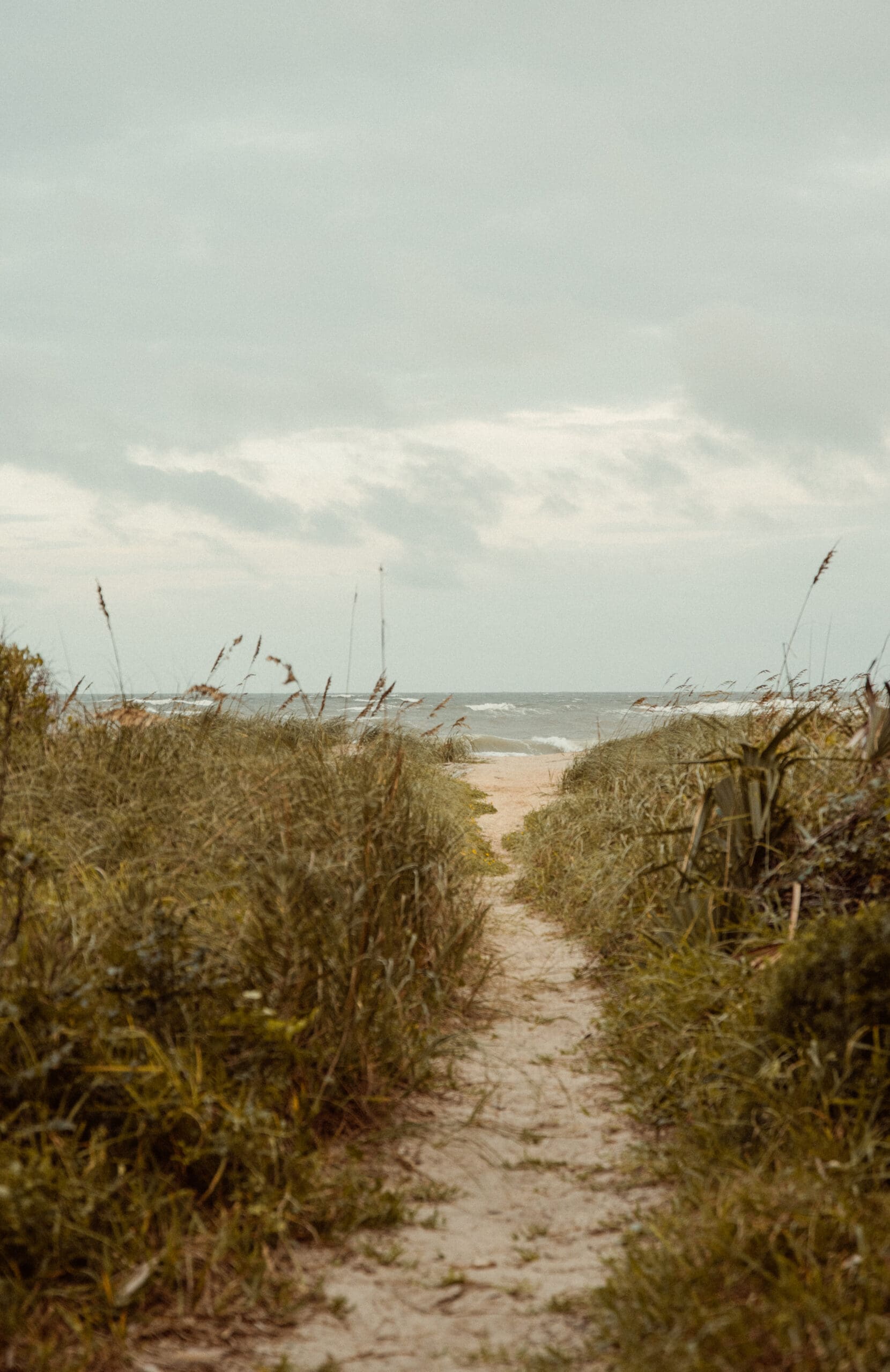 Sandy path leading through sea grass to the Atlantic Ocean near St. Augustine, a peaceful location for morning-after wedding portraits. 