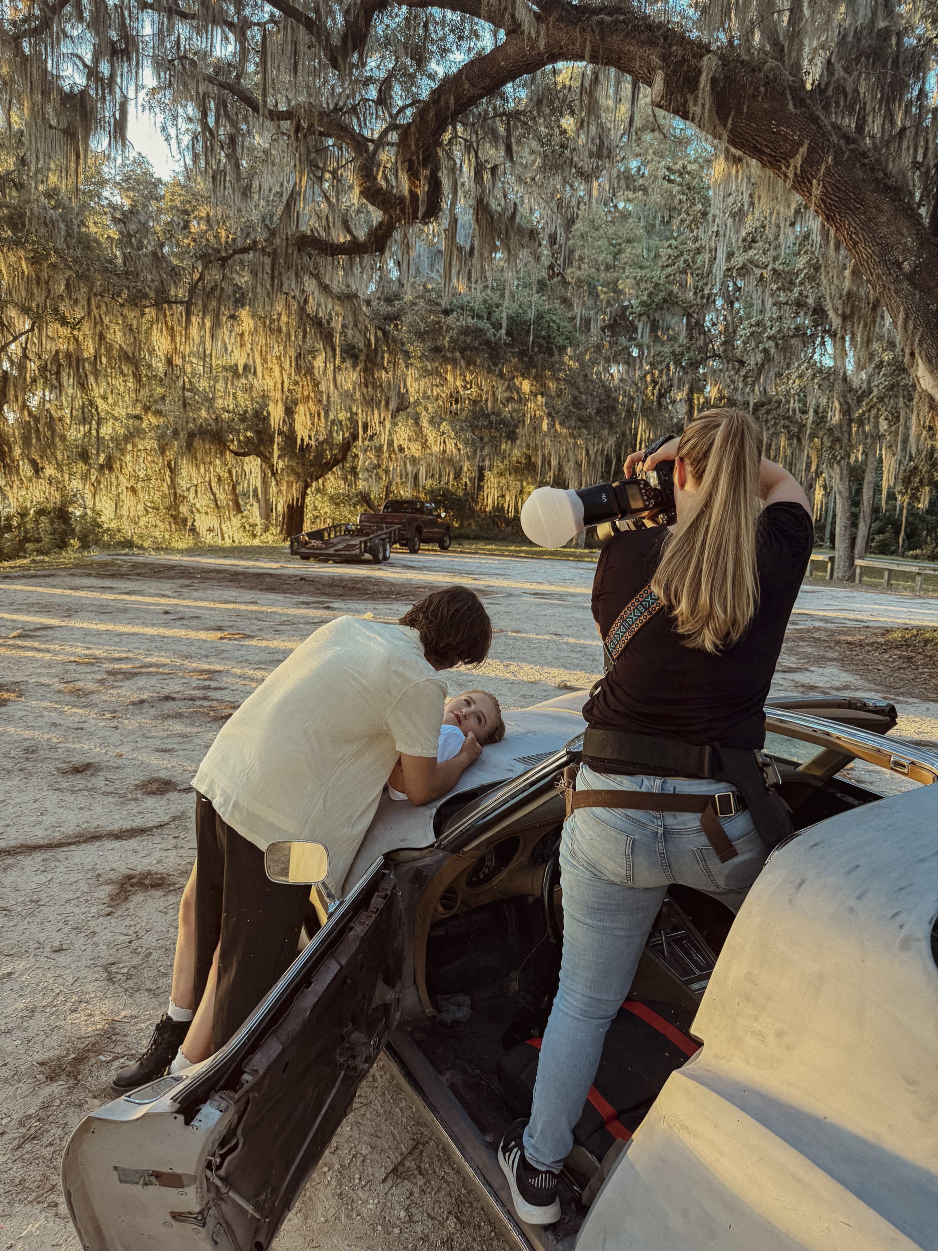 Behind the scenes of a portrait session with St. Augustine photographer Brandi Denslow guiding clients in natural light.