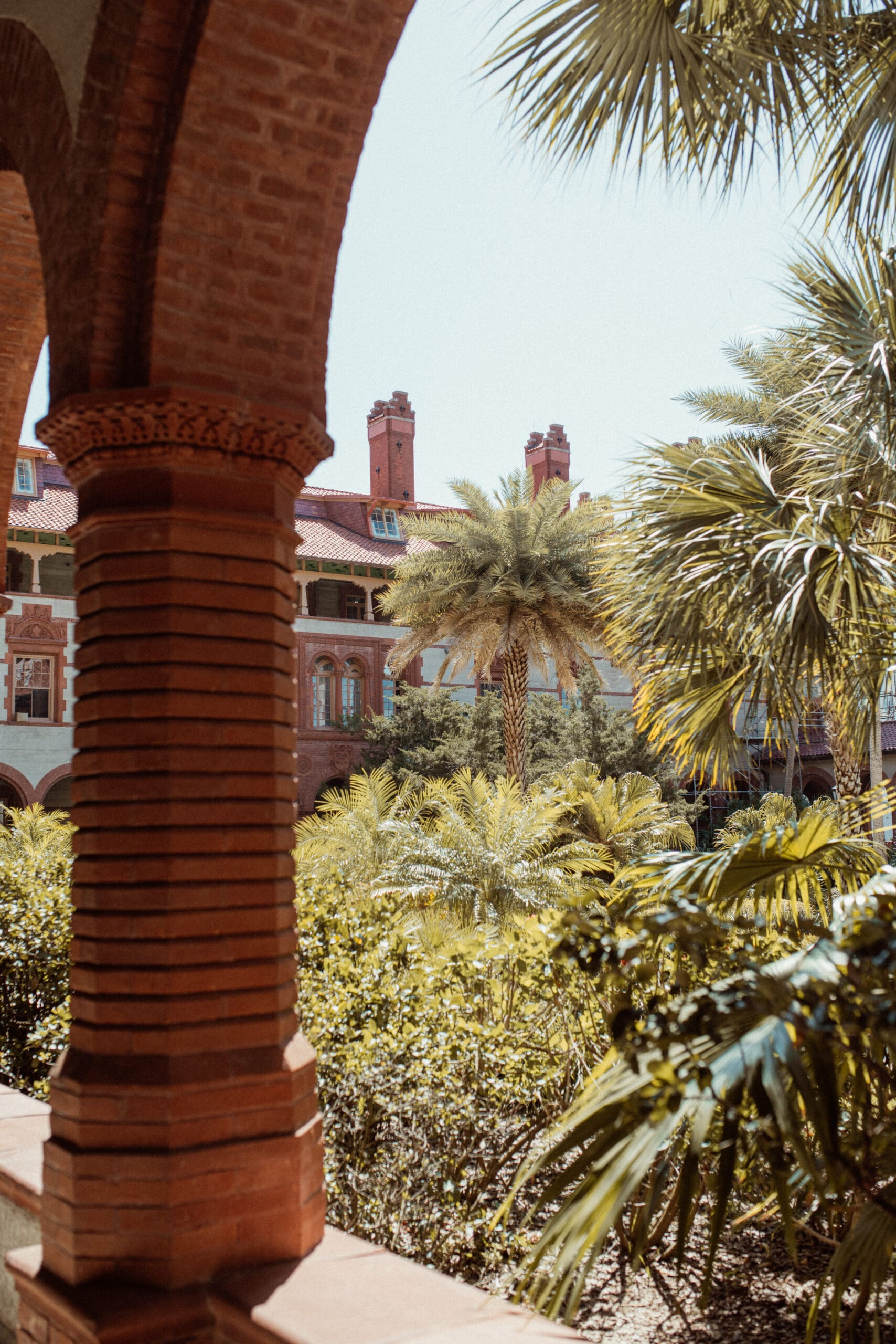 Lush courtyard view at Flagler College in St. Augustine, one of the city's most iconic and historical buildings. 