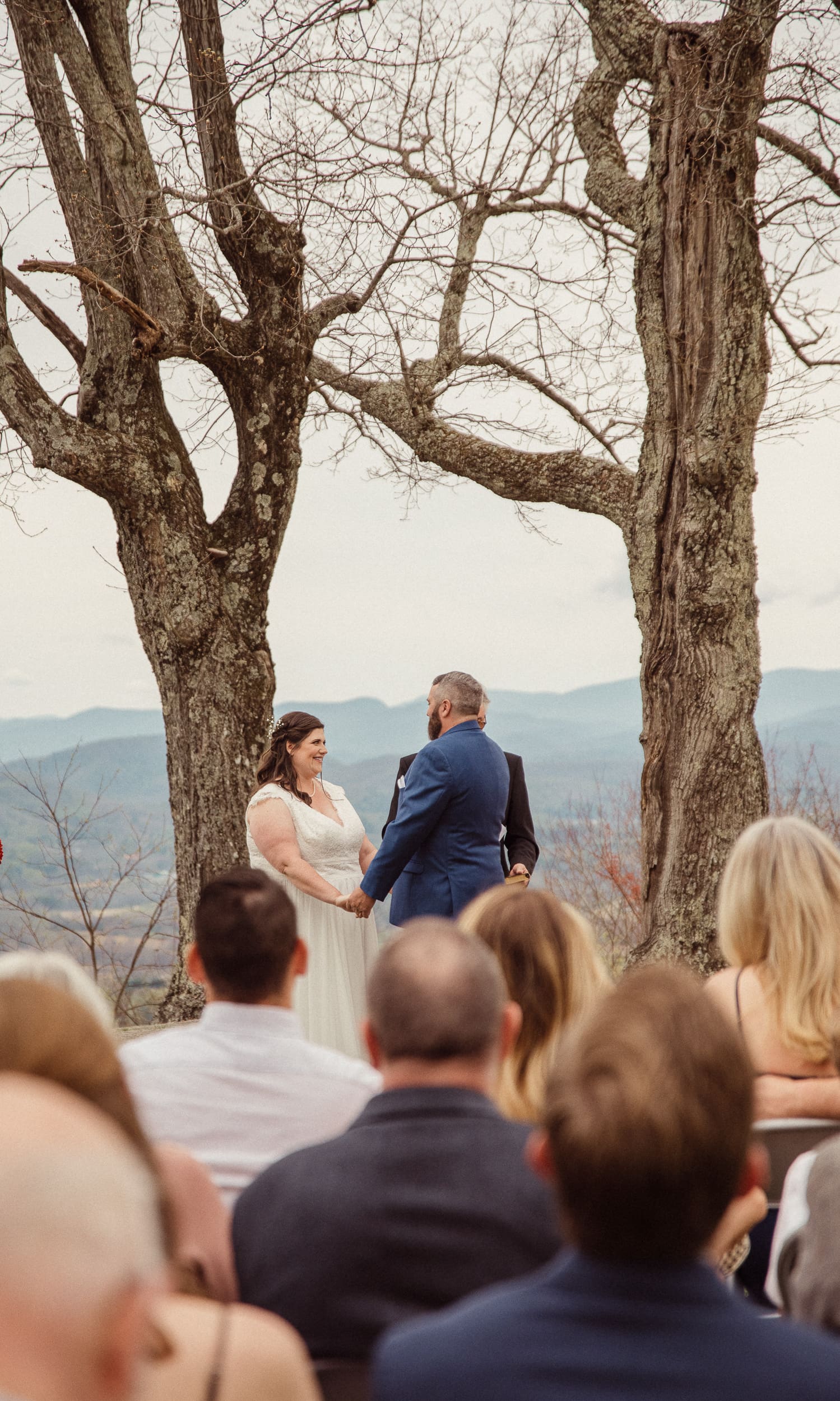 Bride and groom holding hands during an intiamte mountain wedding ceremony overlooking the Blue Ridge Mountains in North Carolina.