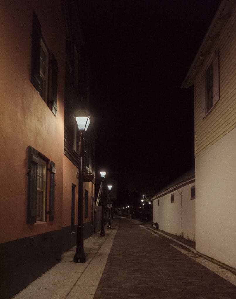 Romantic nighttime street scene in historic St. Augustine perfect for wedding portraits after sunset. 