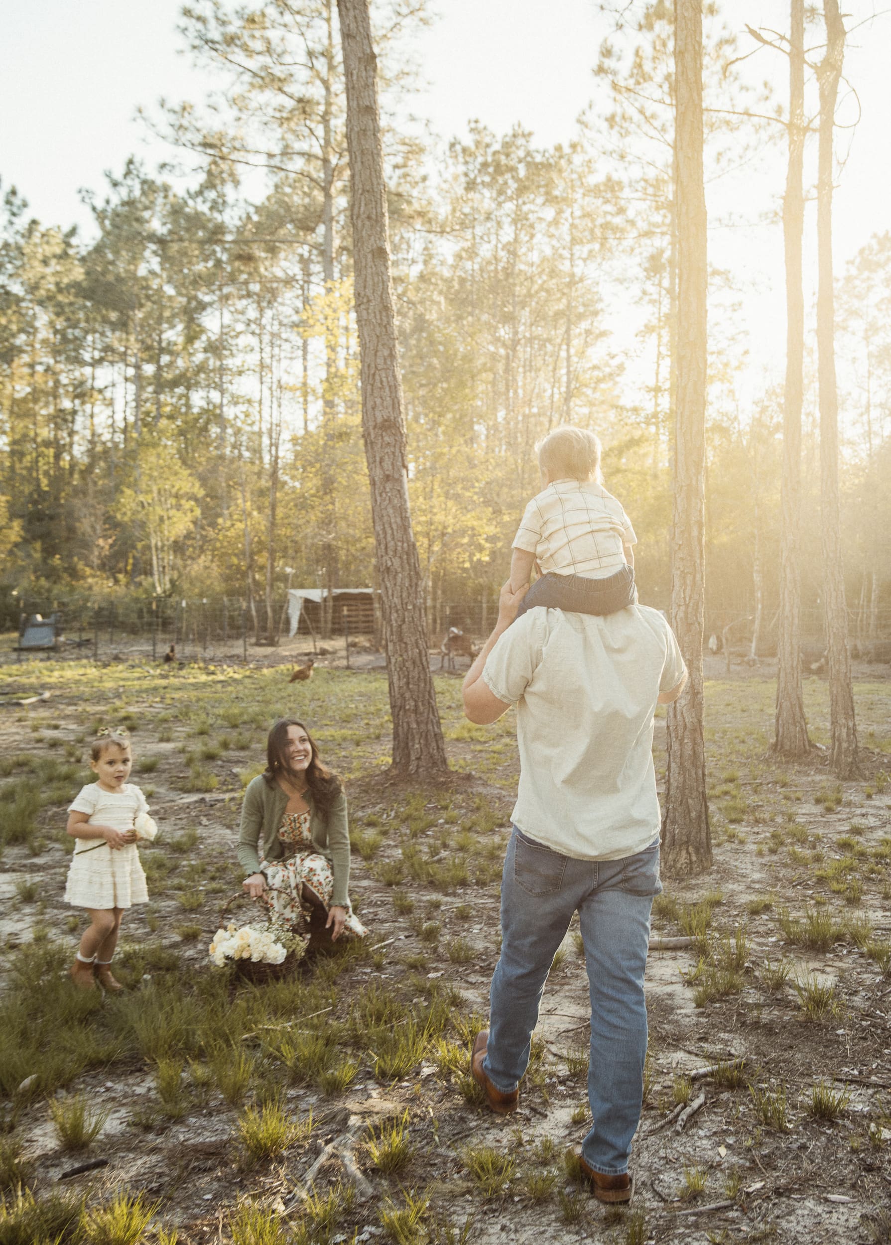family session during golden hour in a backyard with warm light