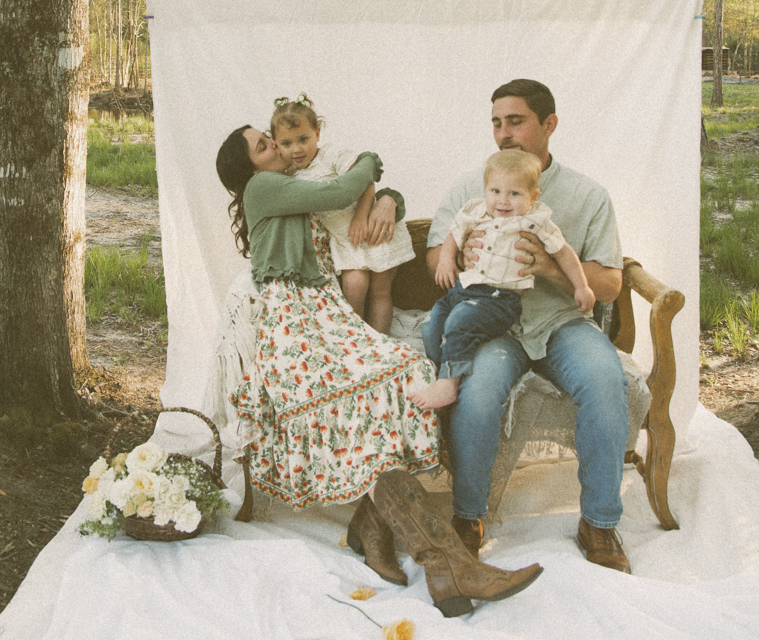 At-home family session in north Florida with kids playing in the backyard at sunset