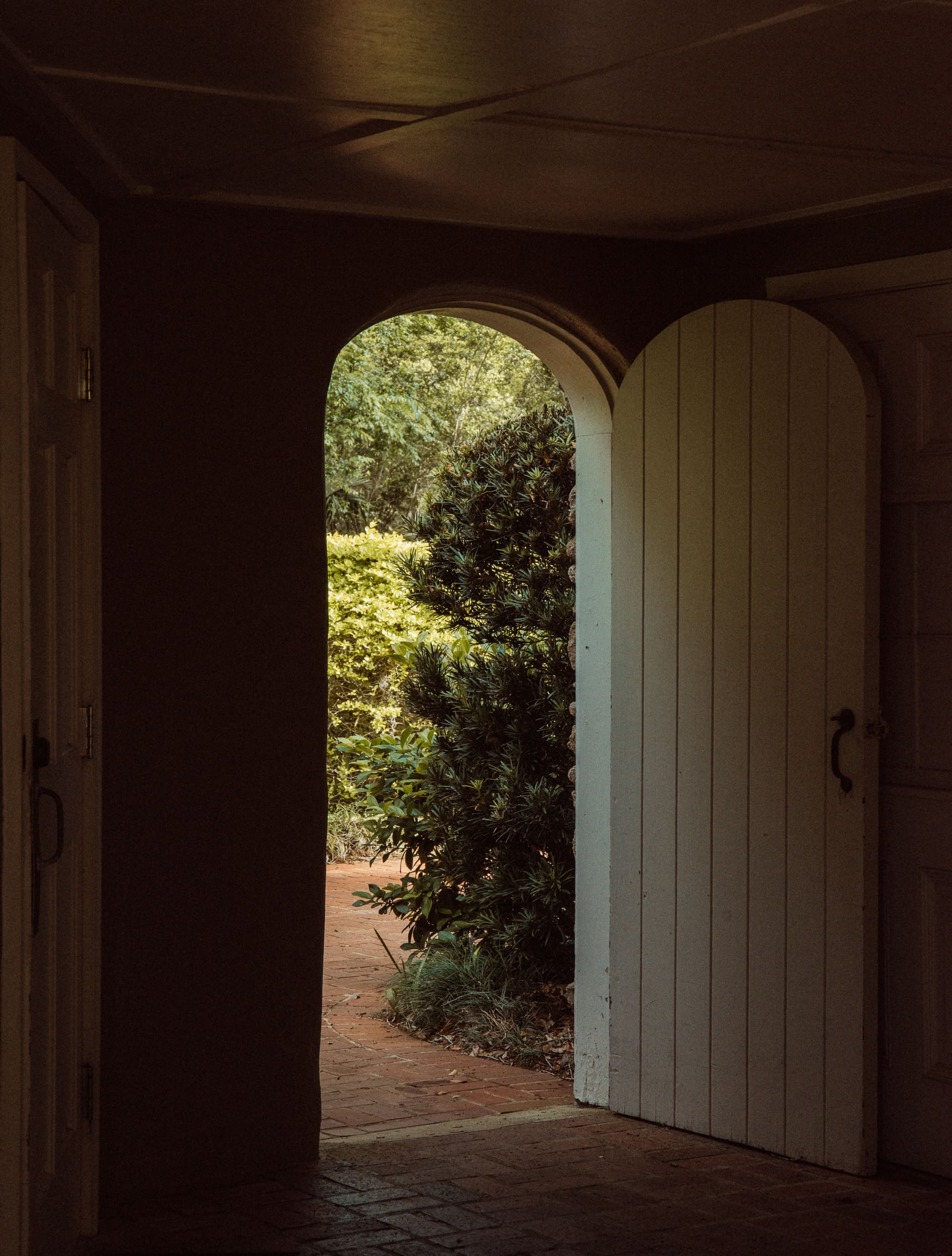 Arched doorway and garden path at Washington Oaks Gardens elopement location in Palm Coast, Florida.
