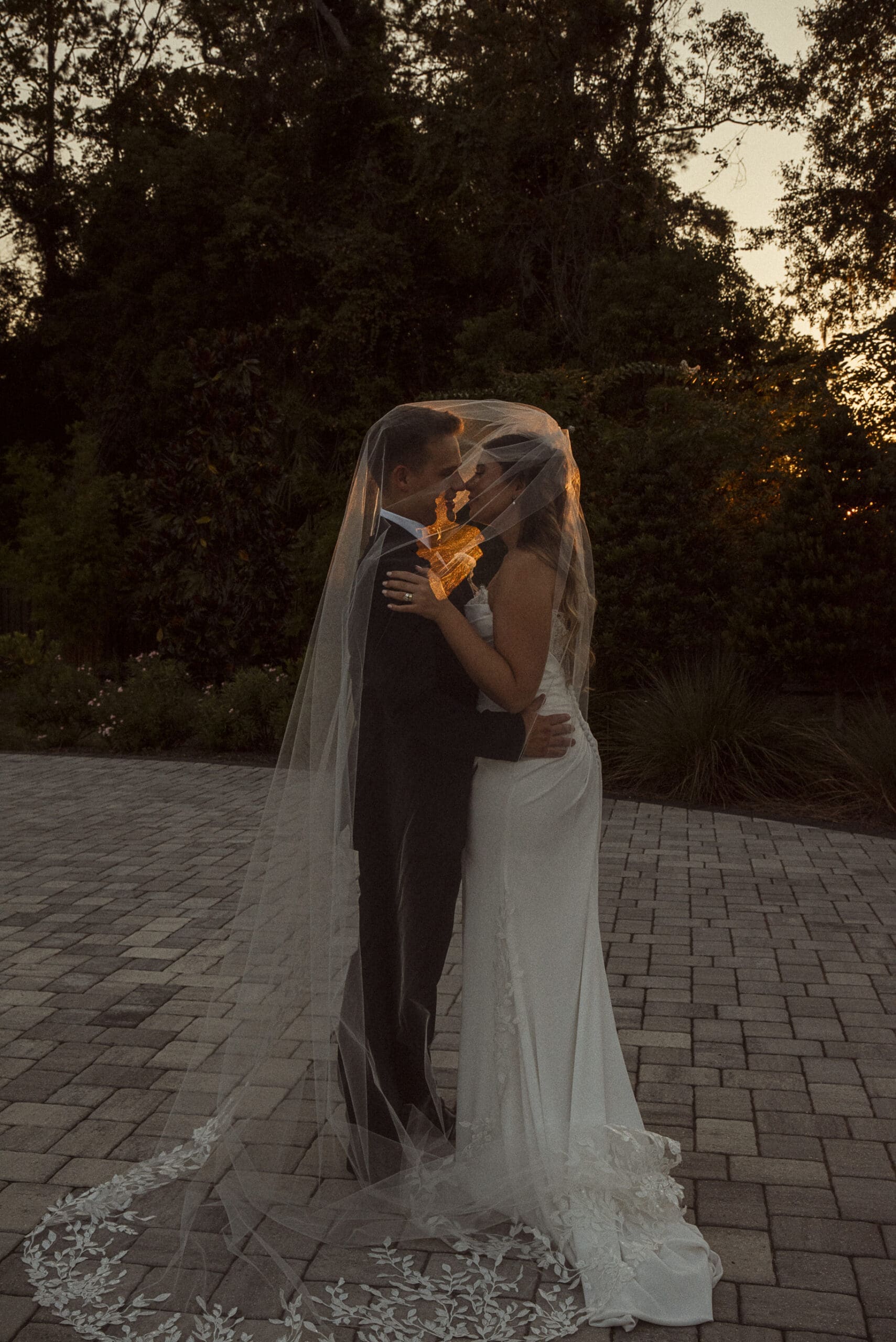 Bride and groom kissing under cathedral veil at golden hour, luxury wedding photography by Brandi Denslow St. Augustine FL. 