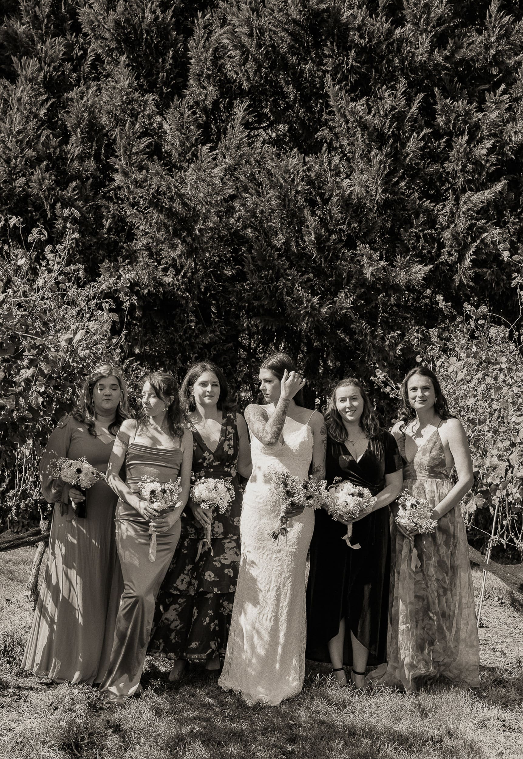 Black and white portrait of bridal party with a posed editorial style in the vineyards of Parker-Binns Vineyard in North Carolina, shot on destination by Brandi Denslow Photography. 