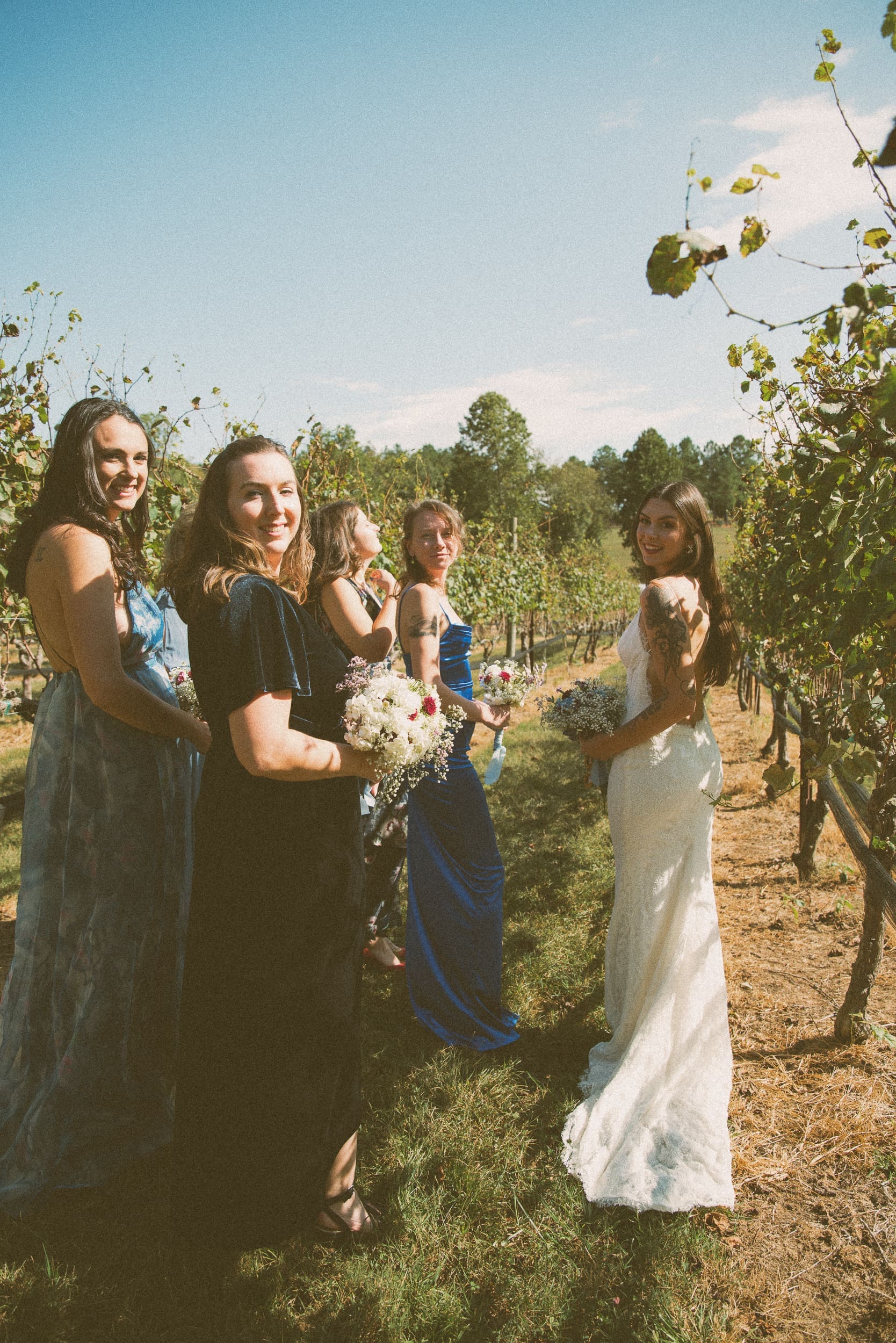 Bride looking back at bridesmaids walking through vineyard rows at Parker-Binns vineyard North Carolina. 