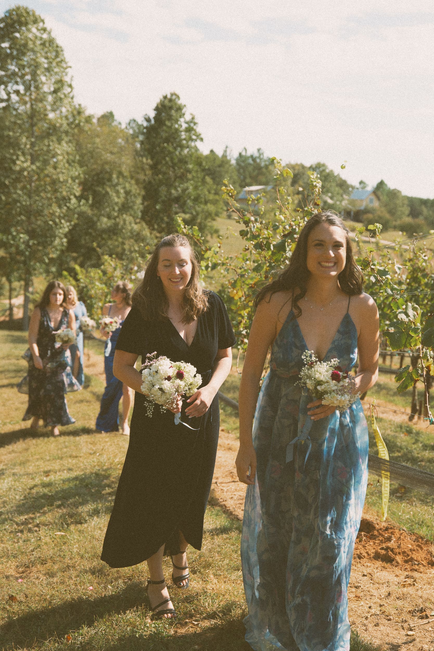 Two bridesmaids walking through vineyard with bouquets during wedding processional at Parker-Binns Vineyard.