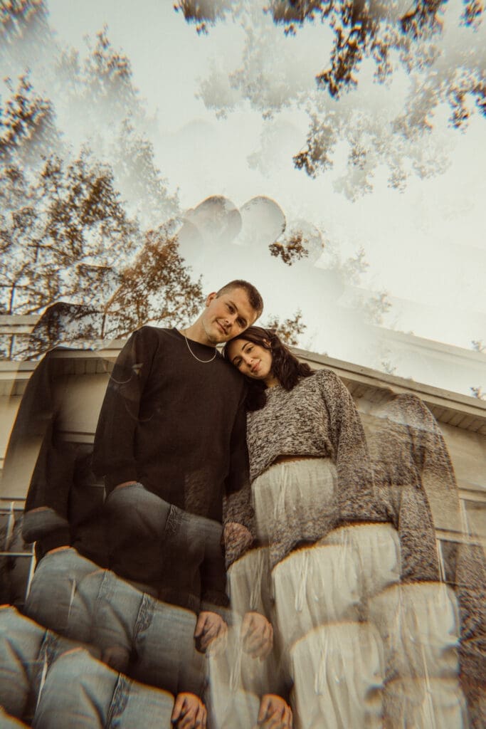 Dreamy couple portrait with layered movement and artistic editorial styling. 
