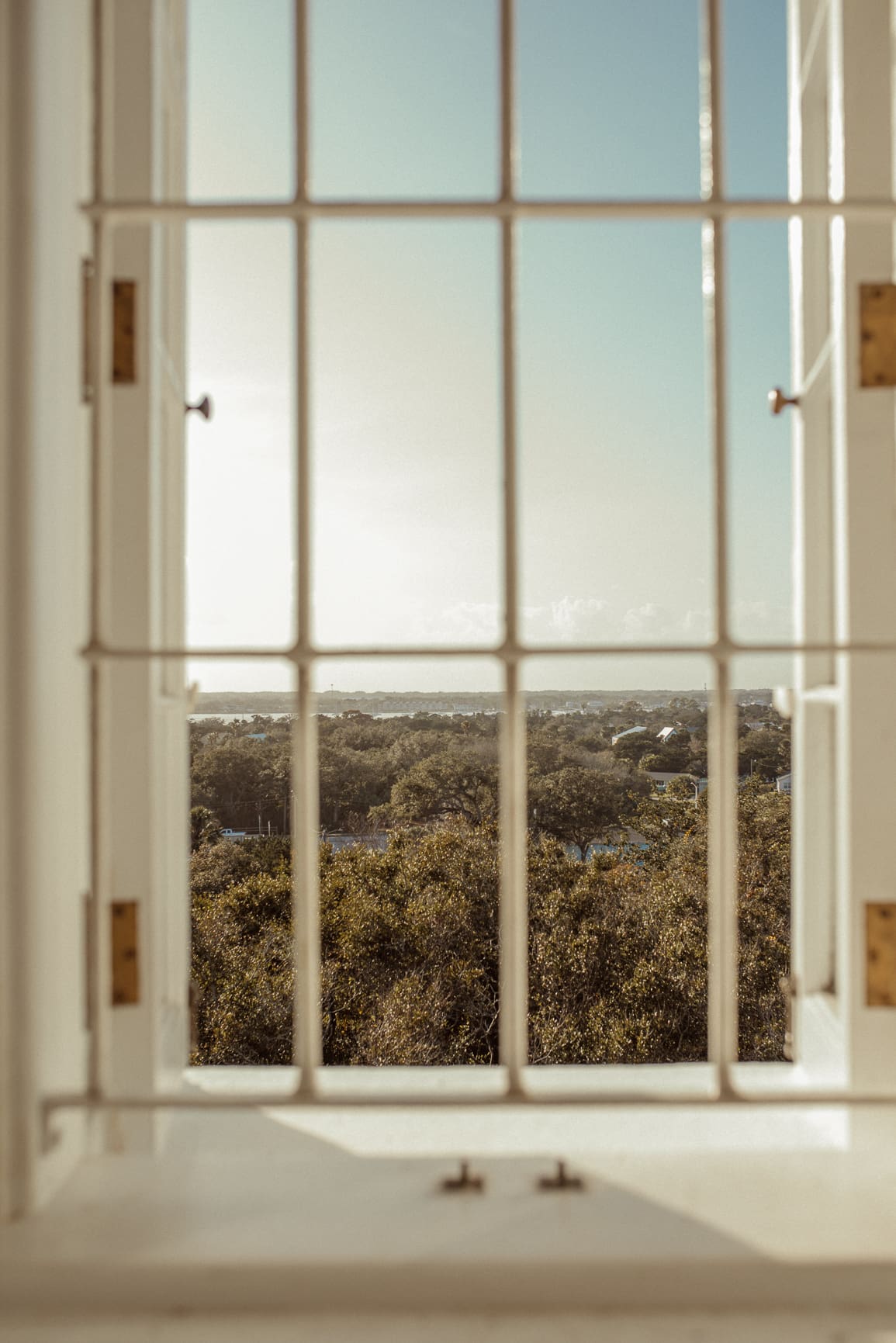 View over St. Augustine treetops through a window inside the lighthouse