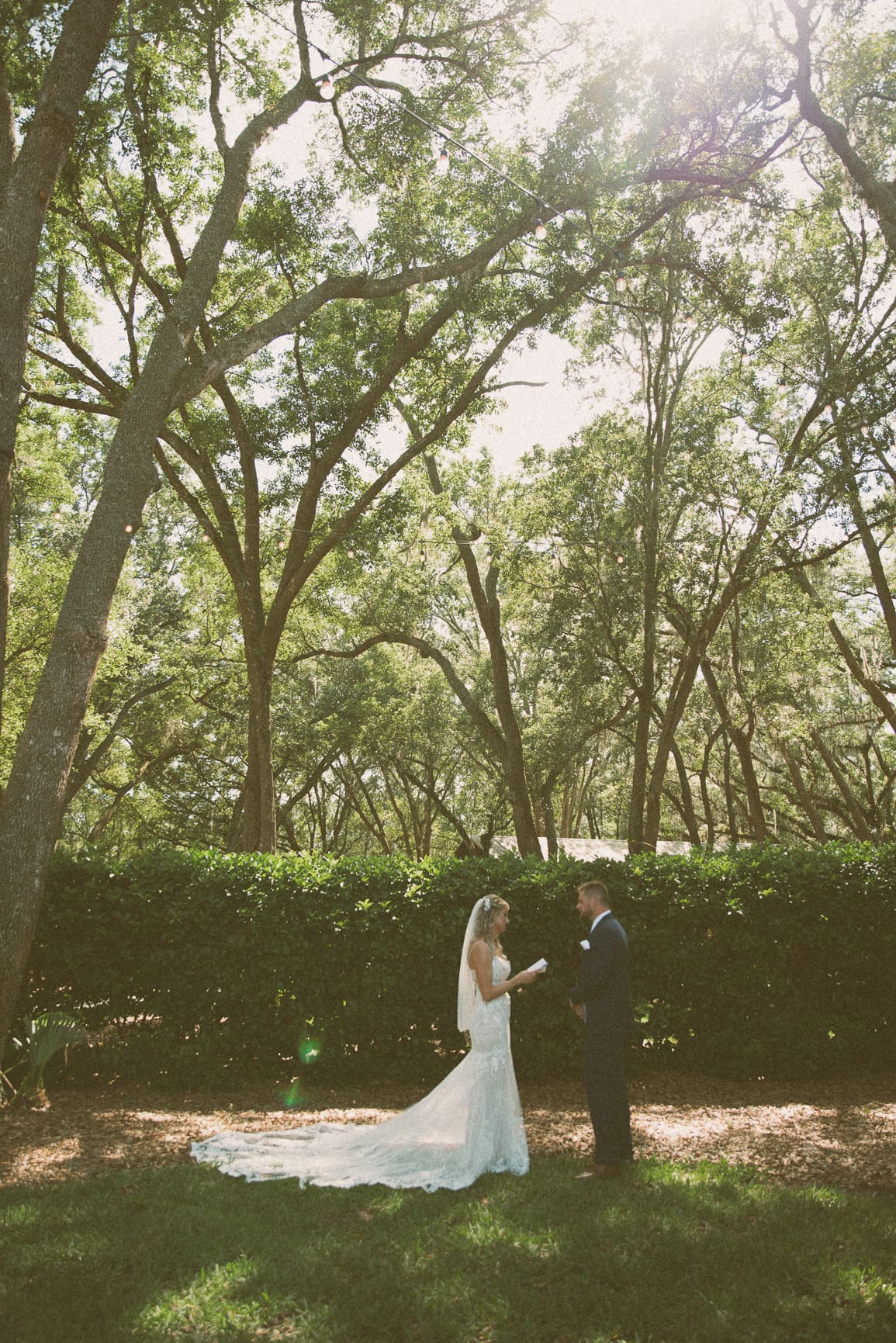 Wide shot of Jacksonville ceremony beneath oak trees at Bowing Oaks. 