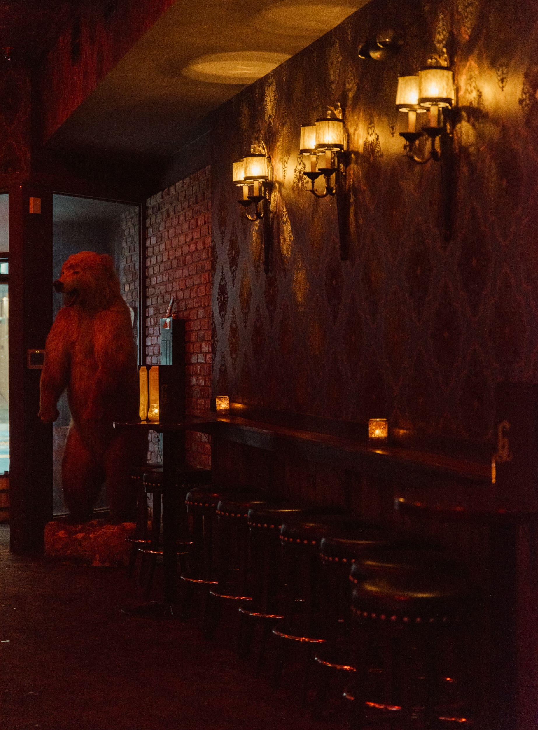 Moody interior of Dos Gatos bar in Jacksonville with glowing wall sconces, damask wallpaper and a standing bear